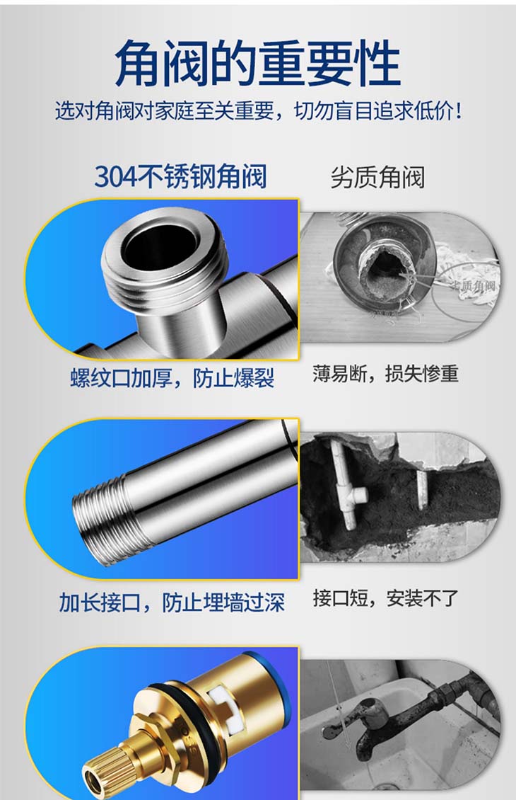 加长三角阀304不锈钢热水器开关入墙加长加厚马桶角阀4分止水阀门